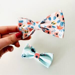 2 NEW HANDMADE Teal Blue Pink Coral Floral Dog Cat Pet Collar Elastic Bow Tie